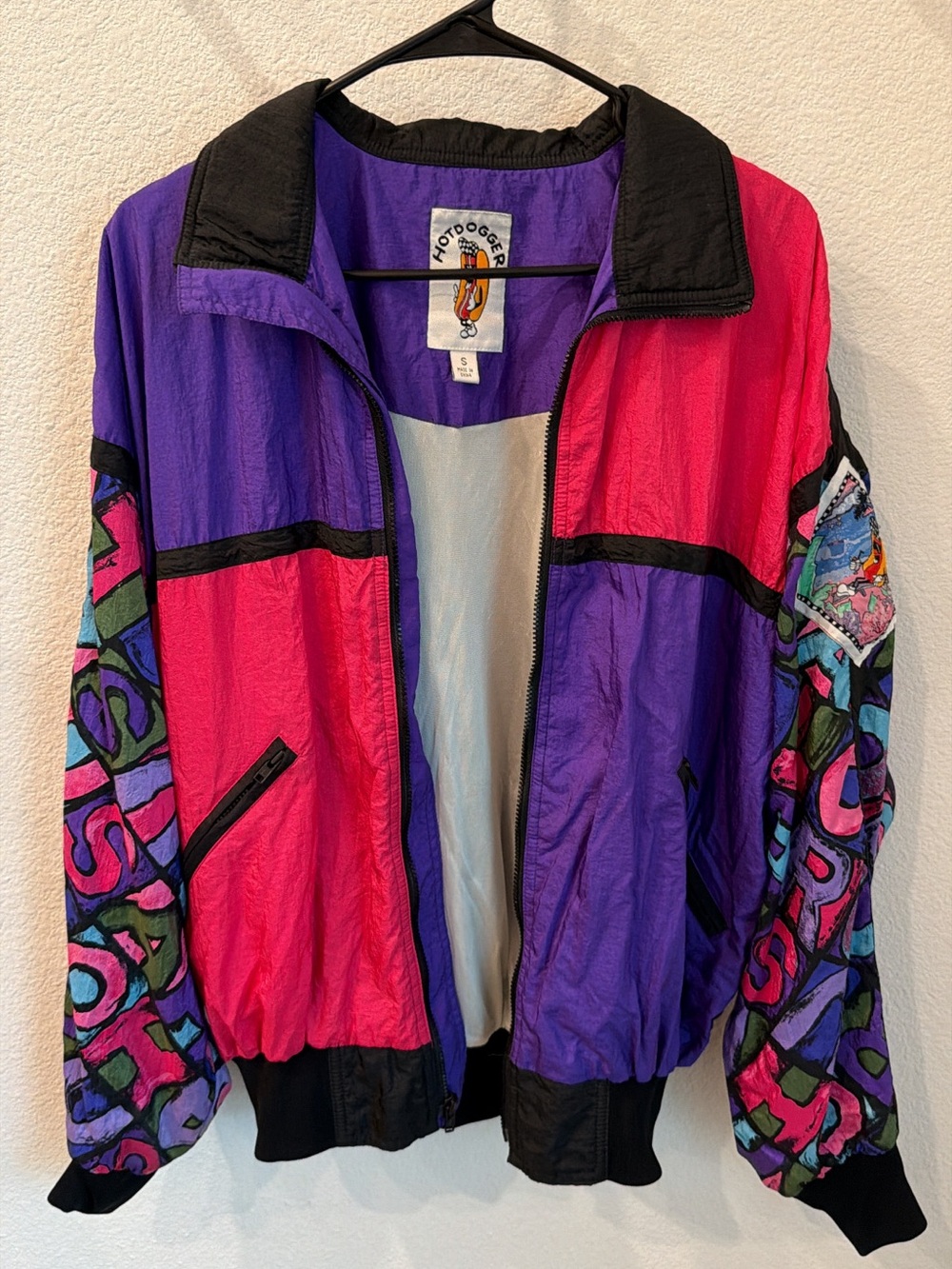 Vintage 90s Colorblock Hotdogger Bomber Jacket in Purple & Pink